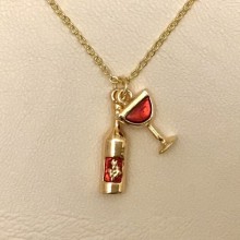 Şarap Şişe Kadeh Kolye - Gold, Kırmızı Mineli