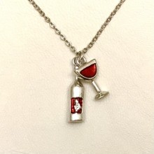 Şarap Şişe Kadeh Kolye - Rodyum, Kırmızı Mineli