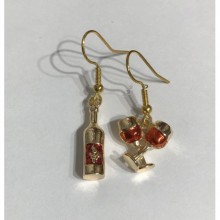 Şarap Şişe Tokuşan Kadeh Küpe - Gold, Kırmızı Mineli