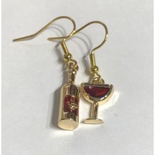 Şarap Şişe Kadeh Küpe - Gold, Kırmızı Mineli