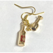 Şarap Şişe Kadeh Küpe - Gold, Kırmızı Mineli