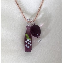Şarap Şişe Kadeh Kolye - Mor Cam, Rose Gold Zincir